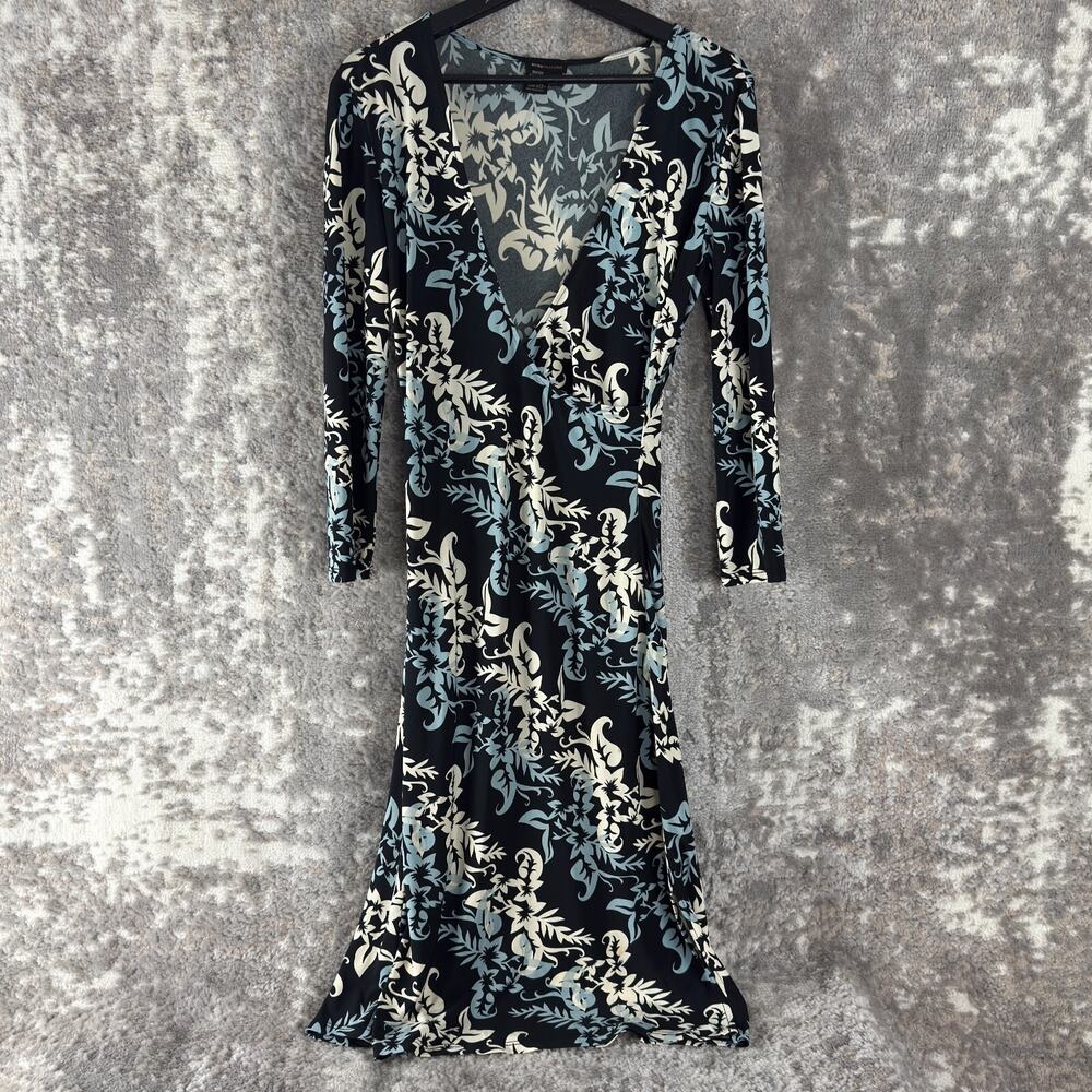 BCBGMaxazria Size M Stretch Dark Floral Print Tropical Midi Faux Wrap Dress